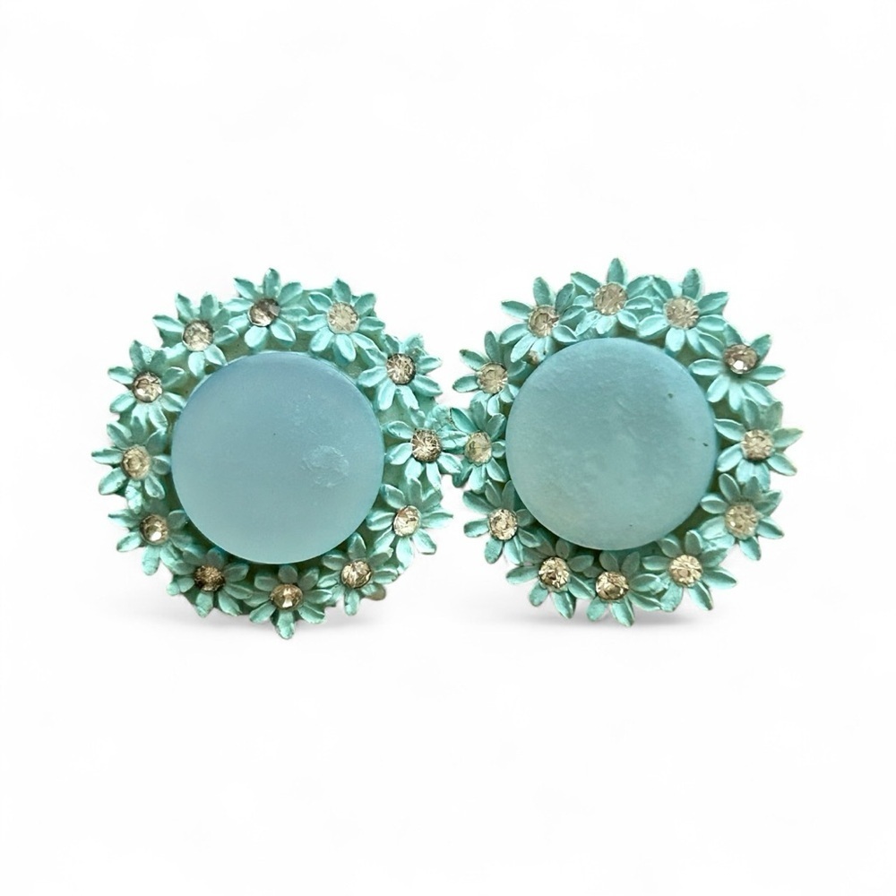 Vintage Japan Aqua Blue Floral Rhinestone Clip-On Earrings